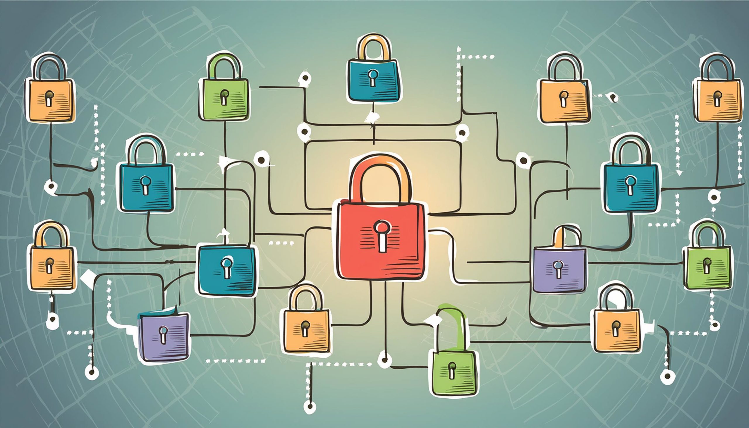 Doodle di un hacker con espressione cattiva seduto alla scrivania con una canna da pesca mentre ruba informazioni da un computer