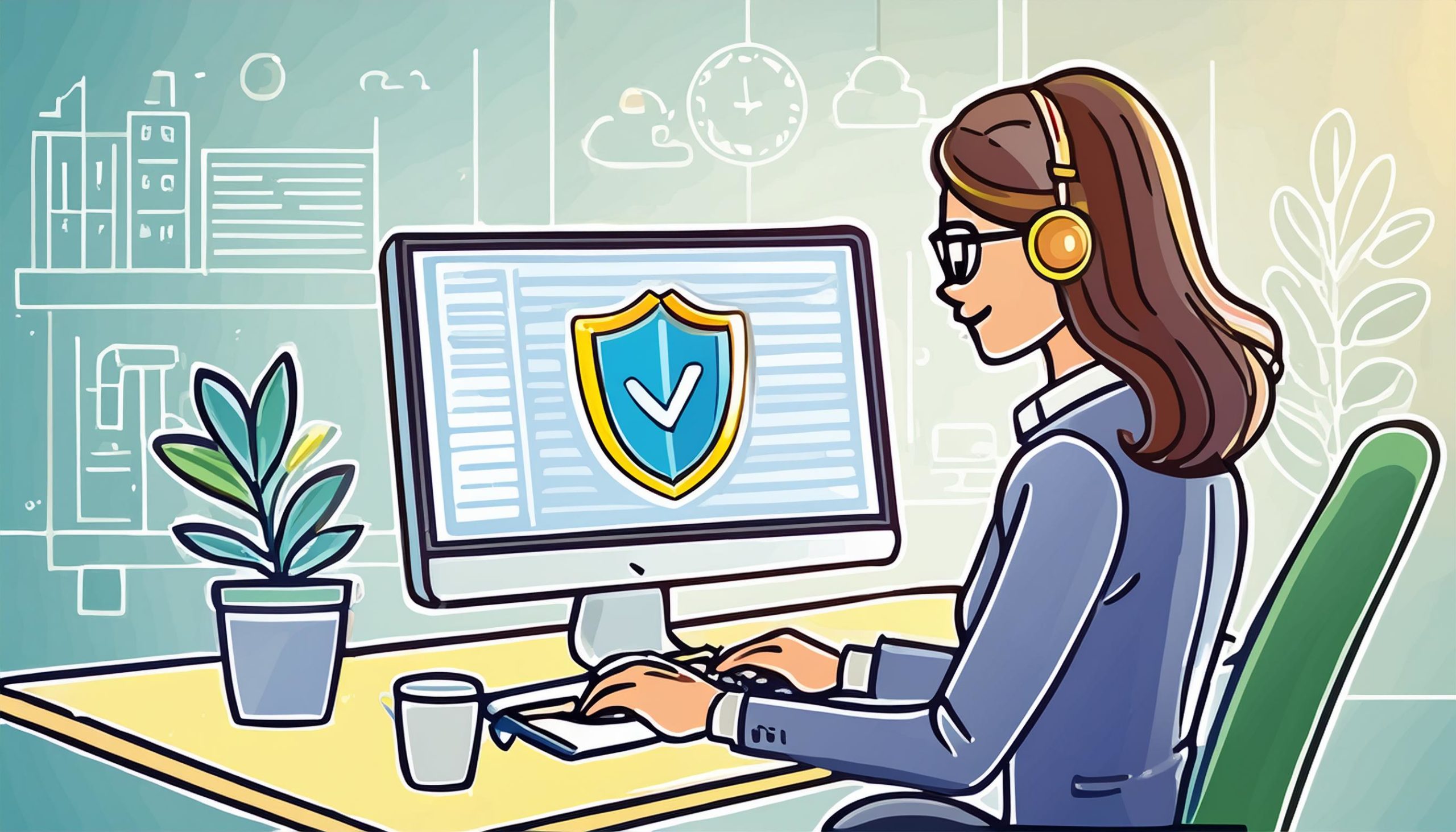 Diritti degli interessati Doodle di un hacker con espressione cattiva seduto alla scrivania con una canna da pesca mentre ruba informazioni da un computer