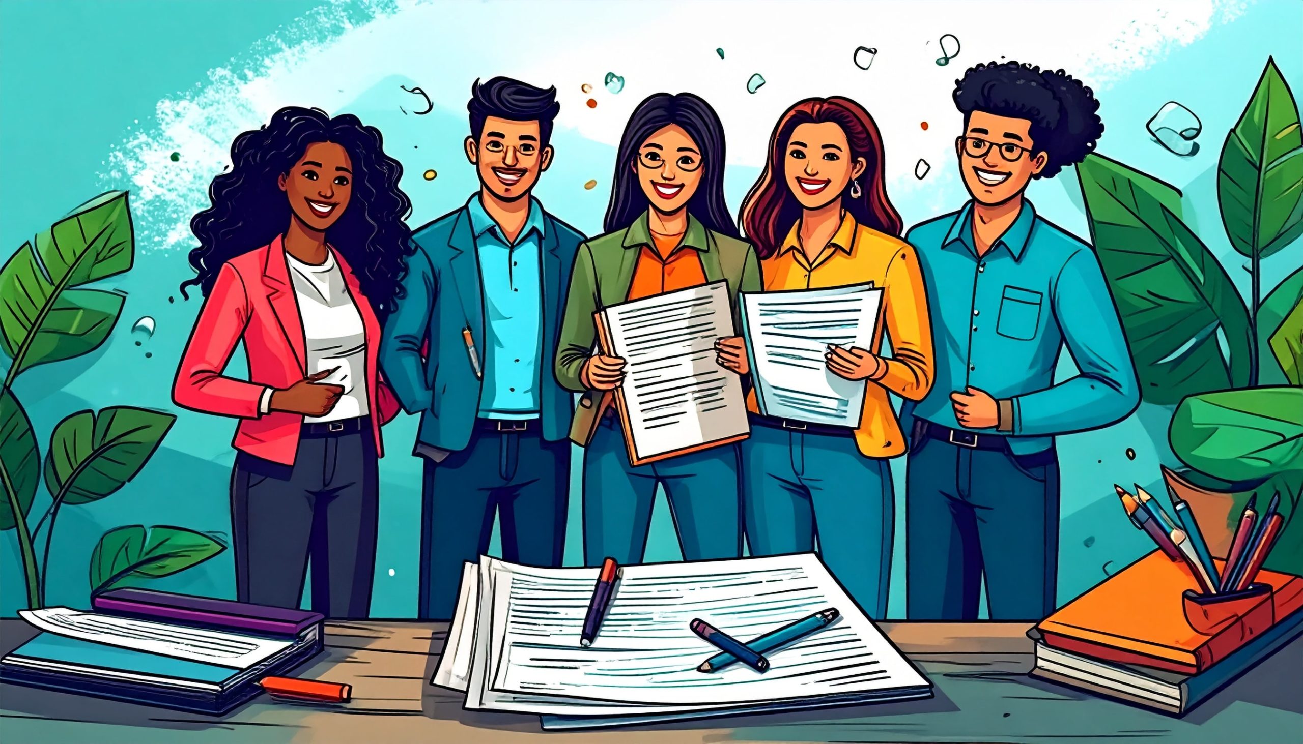 Doodle di un hacker con espressione cattiva seduto alla scrivania con una canna da pesca mentre ruba informazioni da un computer